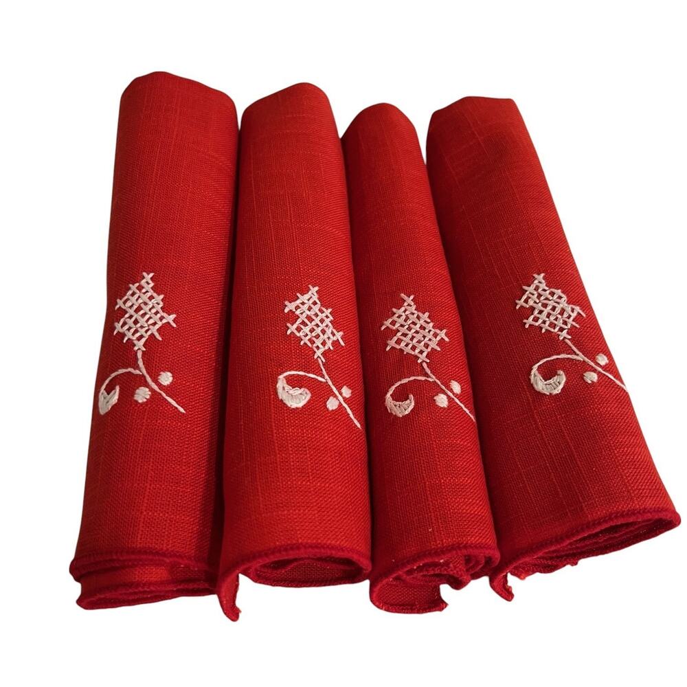 Vintage Red Cloth Napkins Set 4 Hand Embroidered Cross Stitch 14" Square